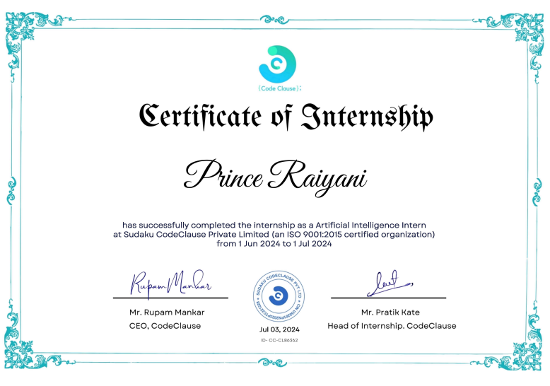 CodeClause Internship Certificate
