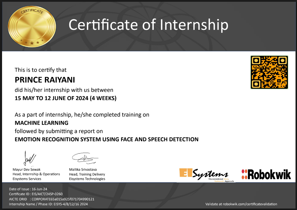 EISystem Internship Certificate