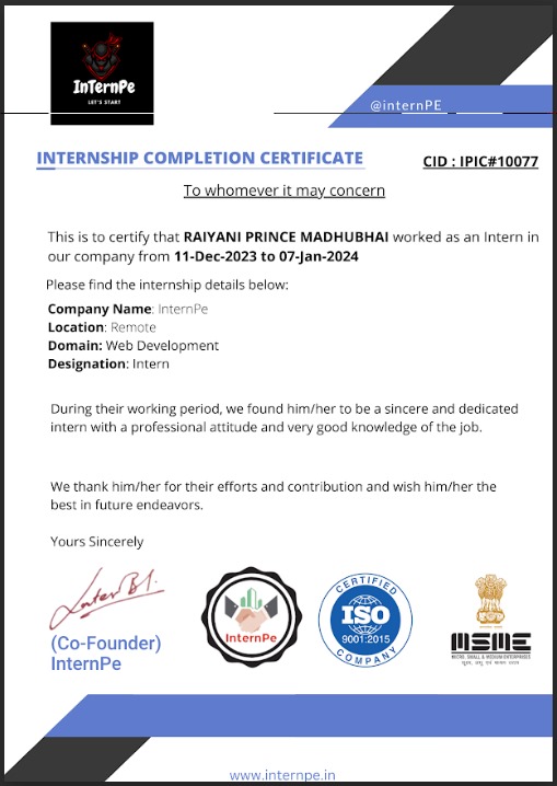 InternPe Internship Certificate