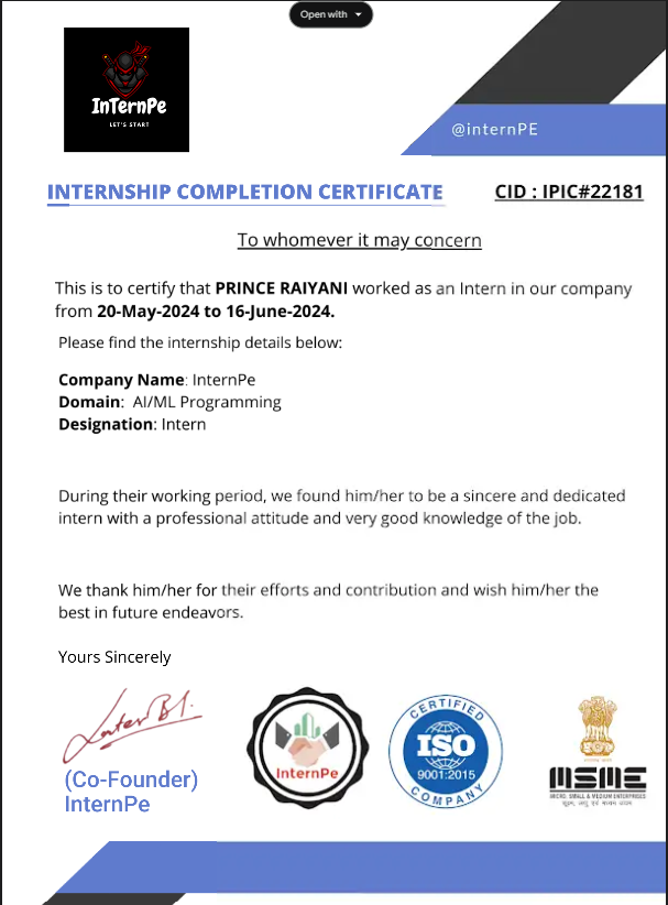 InternPe Internship Certificate